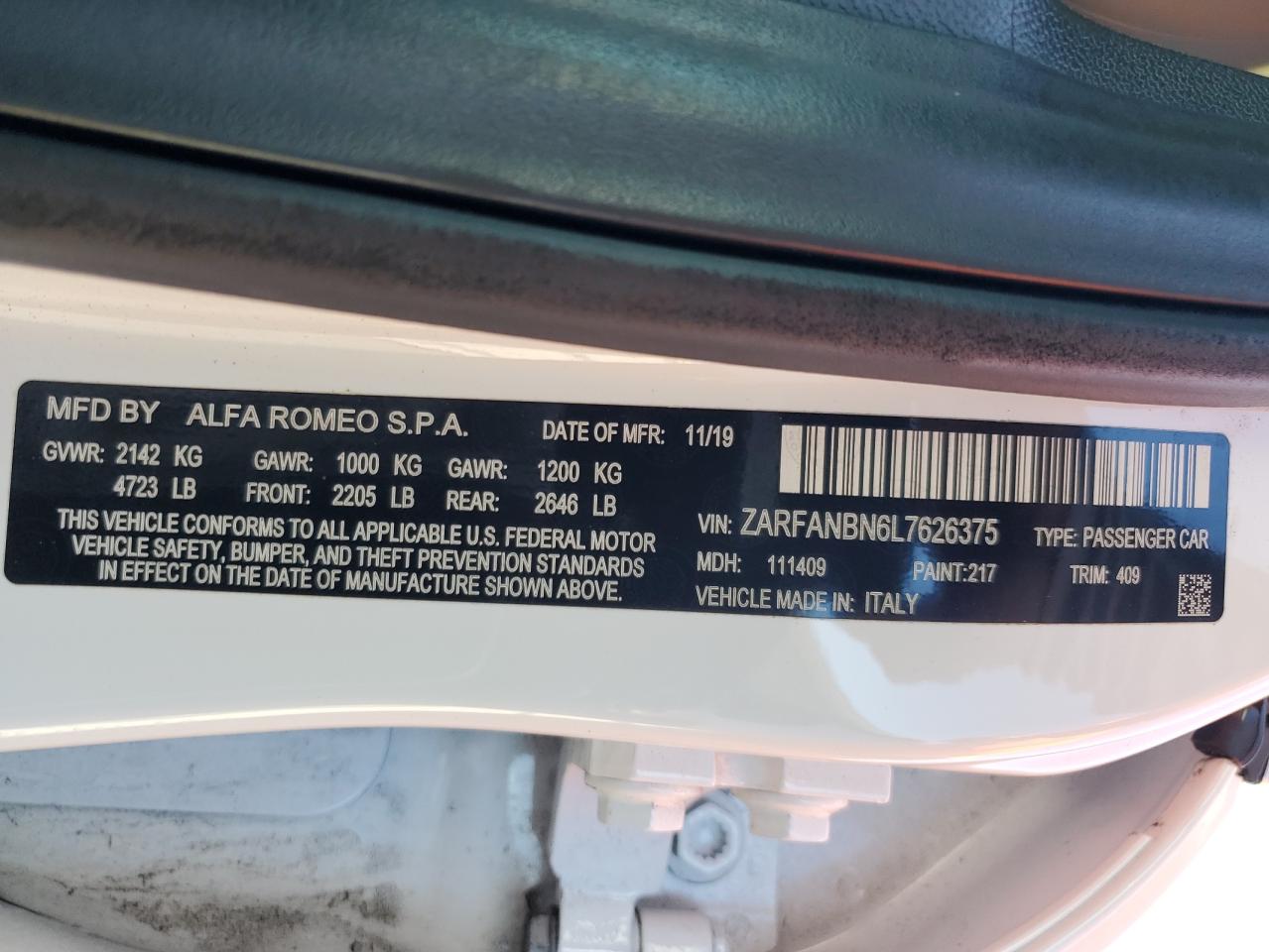 2020 Alfa Romeo Giulia Ti VIN: ZARFANBN6L7626375 Lot: 87395545