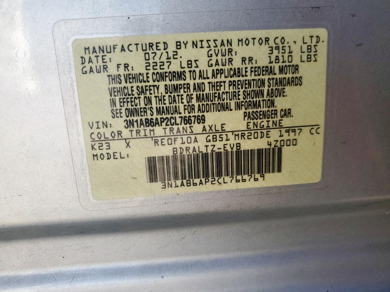 2012 Nissan Sentra 2.0 VIN: 3N1AB6AP2CL766769 Lot: 85654455