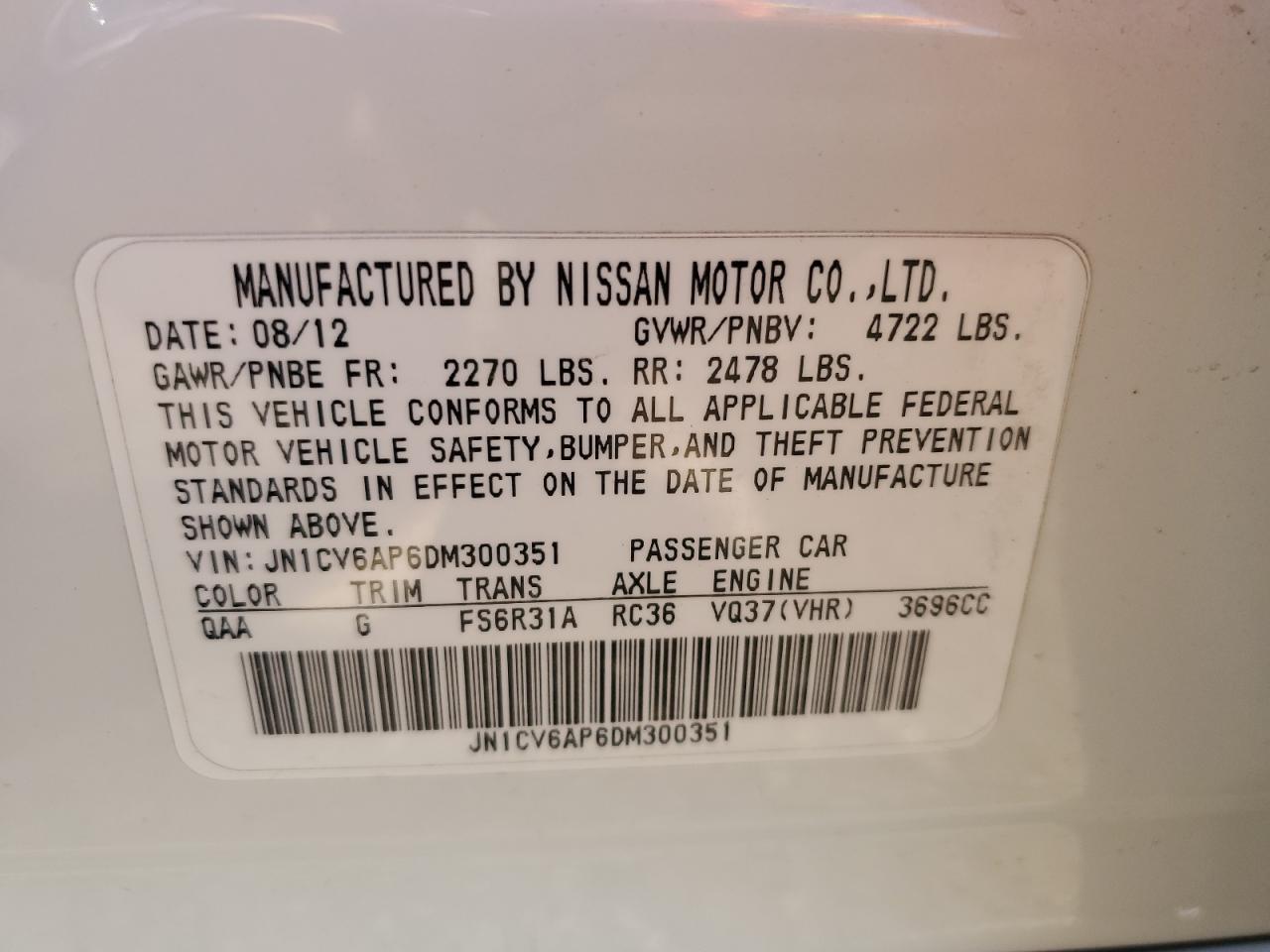 2013 Infiniti G37 Base VIN: JN1CV6AP6DM300351 Lot: 81132315