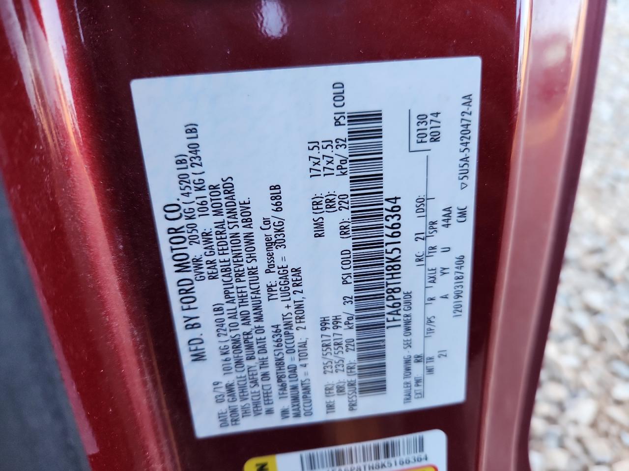 2019 Ford Mustang VIN: 1FA6P8TH8K5166364 Lot: 86312305