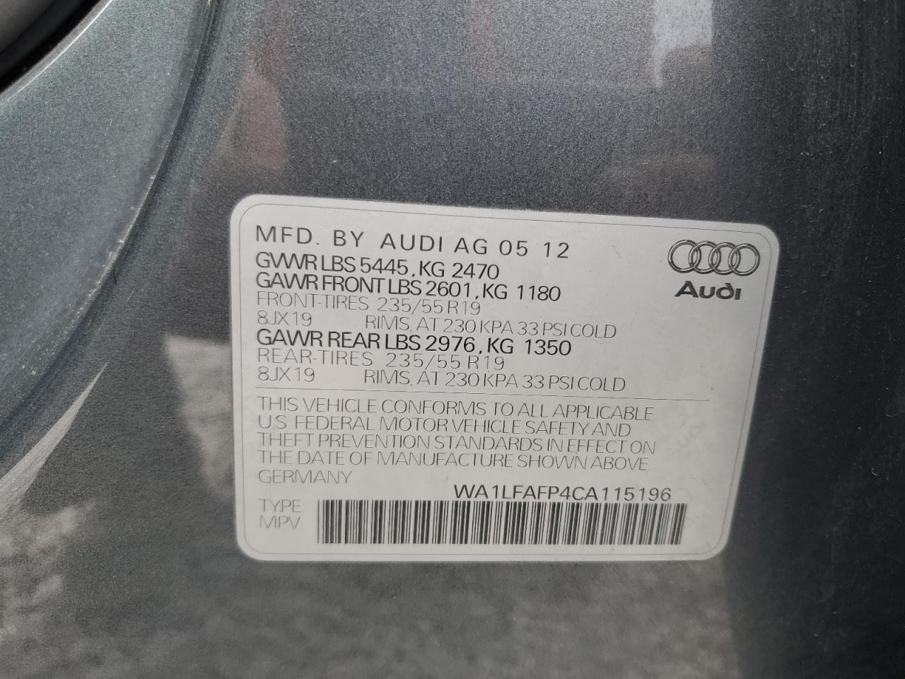 2012 Audi Q5 Premium Plus VIN: WA1LFAFP4CA115196 Lot: 90109715