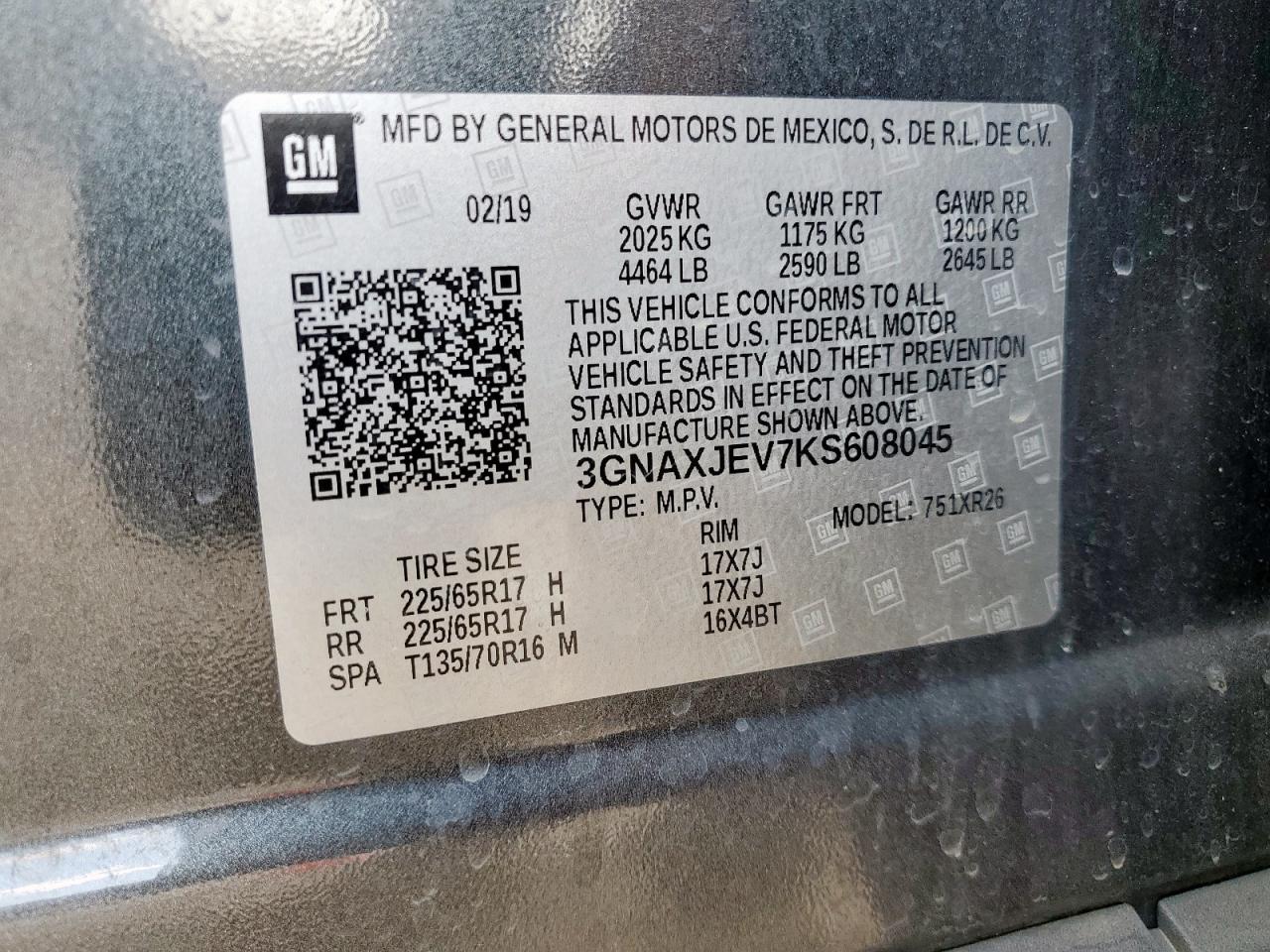 2019 Chevrolet Equinox Lt VIN: 3GNAXJEV7KS608045 Lot: 85374175