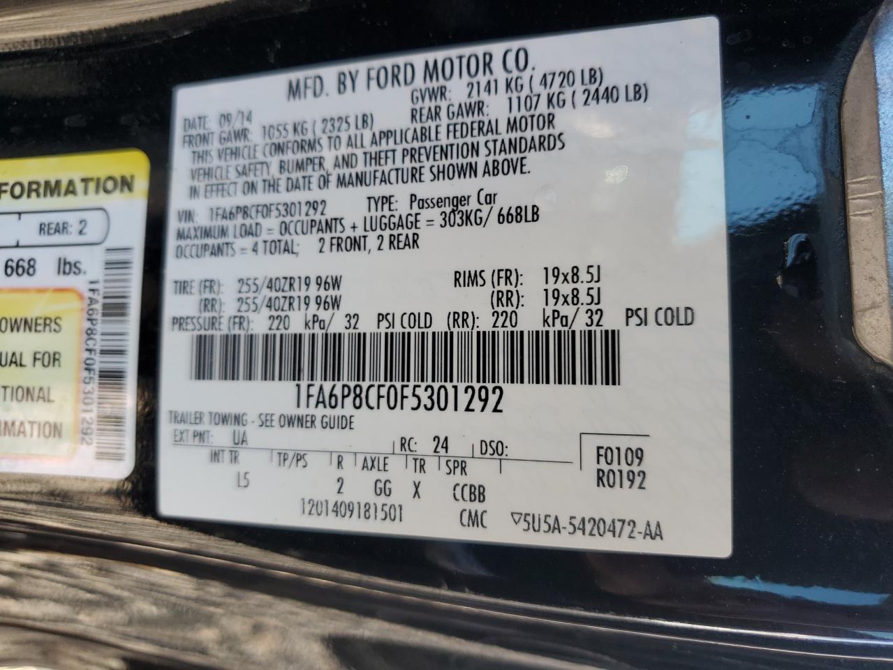 2015 Ford Mustang Gt VIN: 1FA6P8CF0F5301292 Lot: 91107375