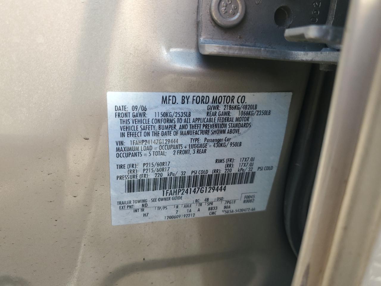 2007 Ford Five Hundred Sel VIN: 1FAHP24147G129444 Lot: 71142555