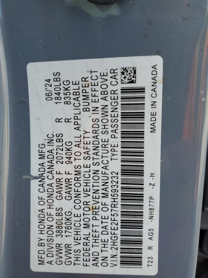 2024 Honda Civic Sport VIN: 2HGFE2F57RH593232 Lot: 87078095