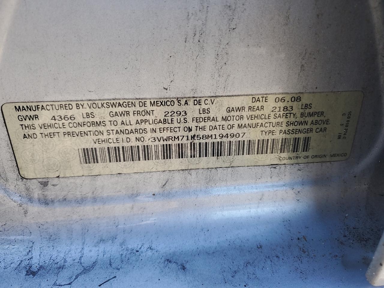 2008 Volkswagen Jetta Se VIN: 3VWRM71K58M194907 Lot: 81156975