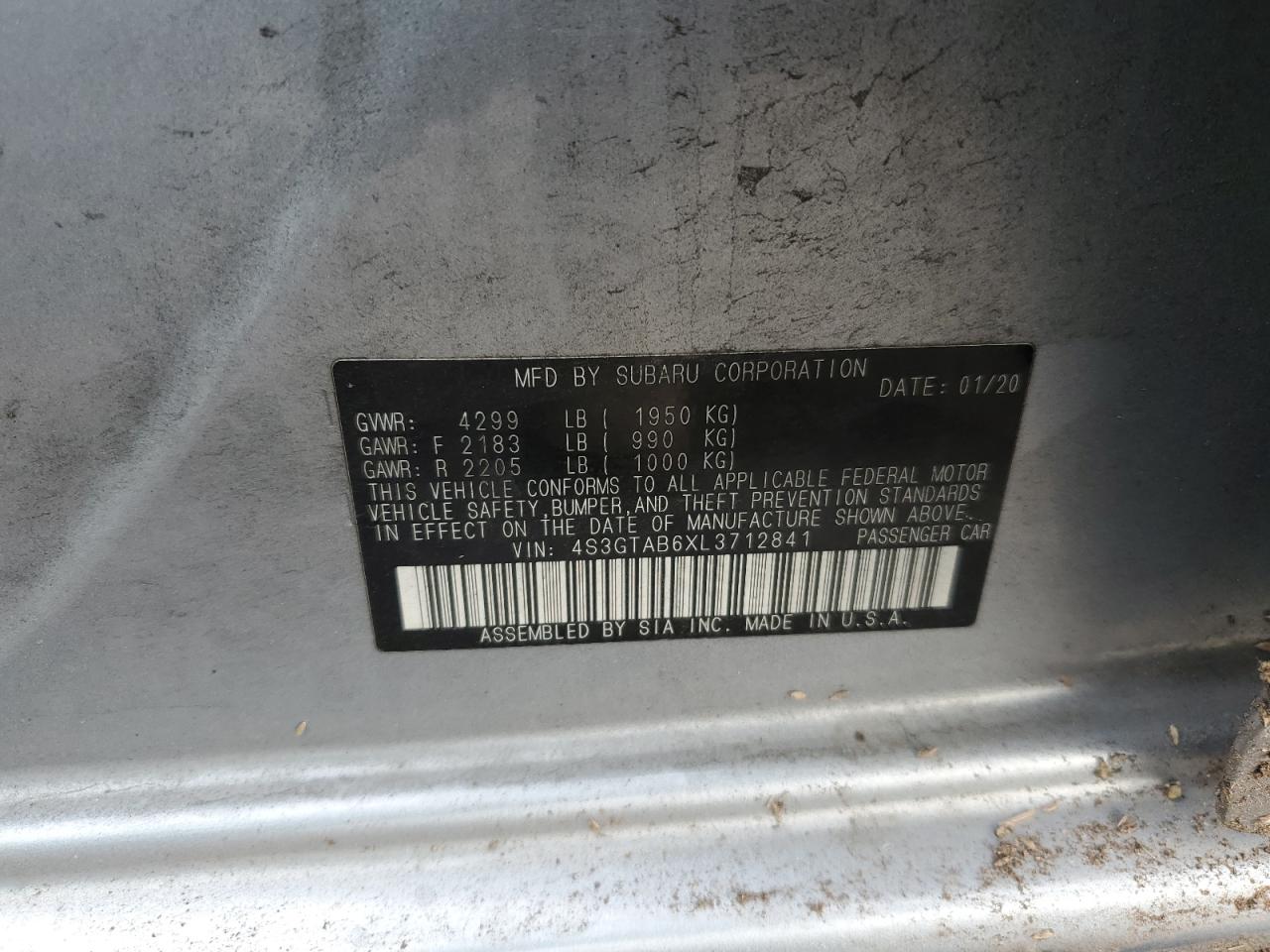 2020 Subaru Impreza VIN: 4S3GTAB6XL3712841 Lot: 82692575