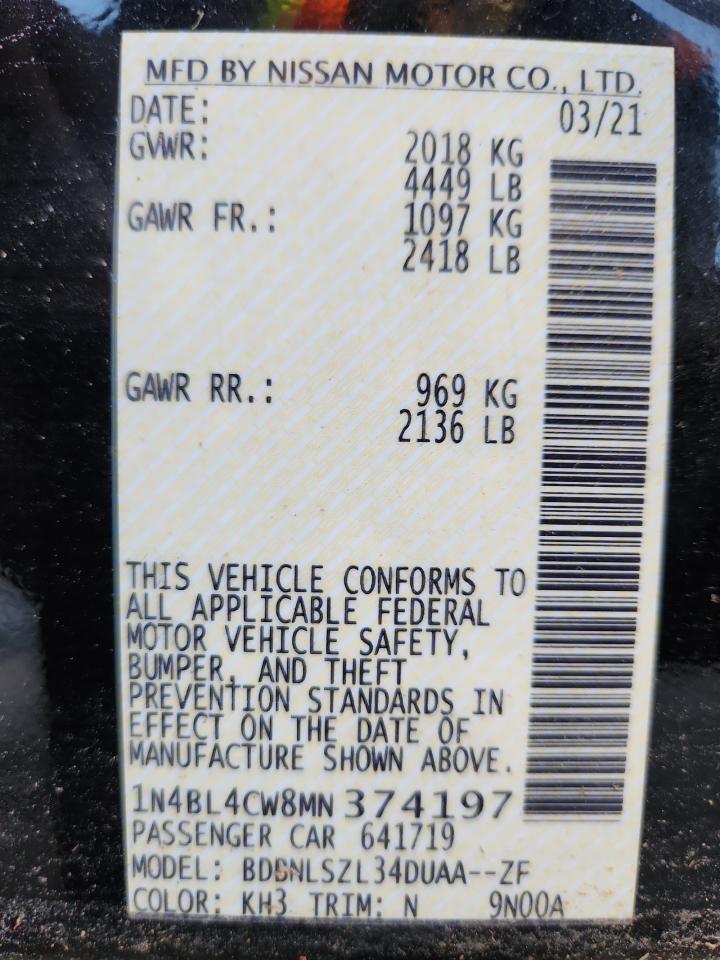 2021 Nissan Altima Sr VIN: 1N4BL4CW8MN374197 Lot: 87051615