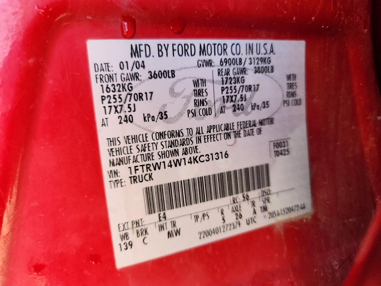 2004 Ford F150 Supercrew VIN: 1FTRW14W14KC31316 Lot: 89719485