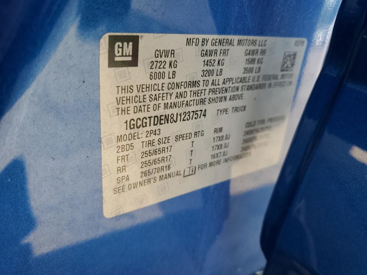 2018 Chevrolet Colorado Z71 VIN: 1GCGTDEN8J1237574 Lot: 86098485