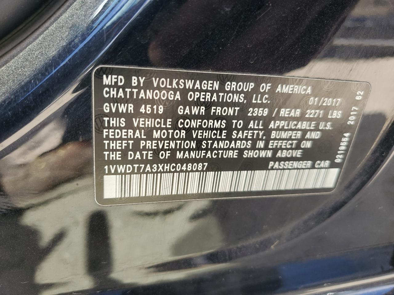 2017 Volkswagen Passat R-Line VIN: 1VWDT7A3XHC048087 Lot: 85141615