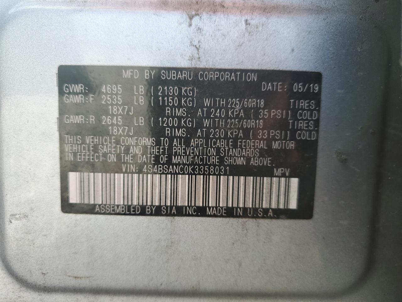 2019 Subaru Outback 2.5I Limited VIN: 4S4BSANC0K3358031 Lot: 85778325