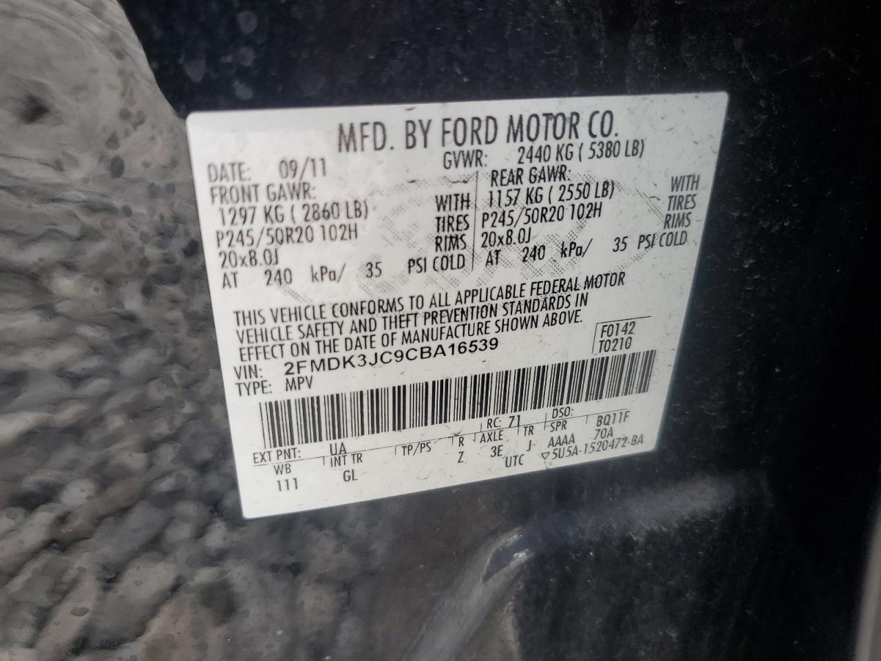 2012 Ford Edge Sel VIN: 2FMDK3JC9CBA16539 Lot: 82646725