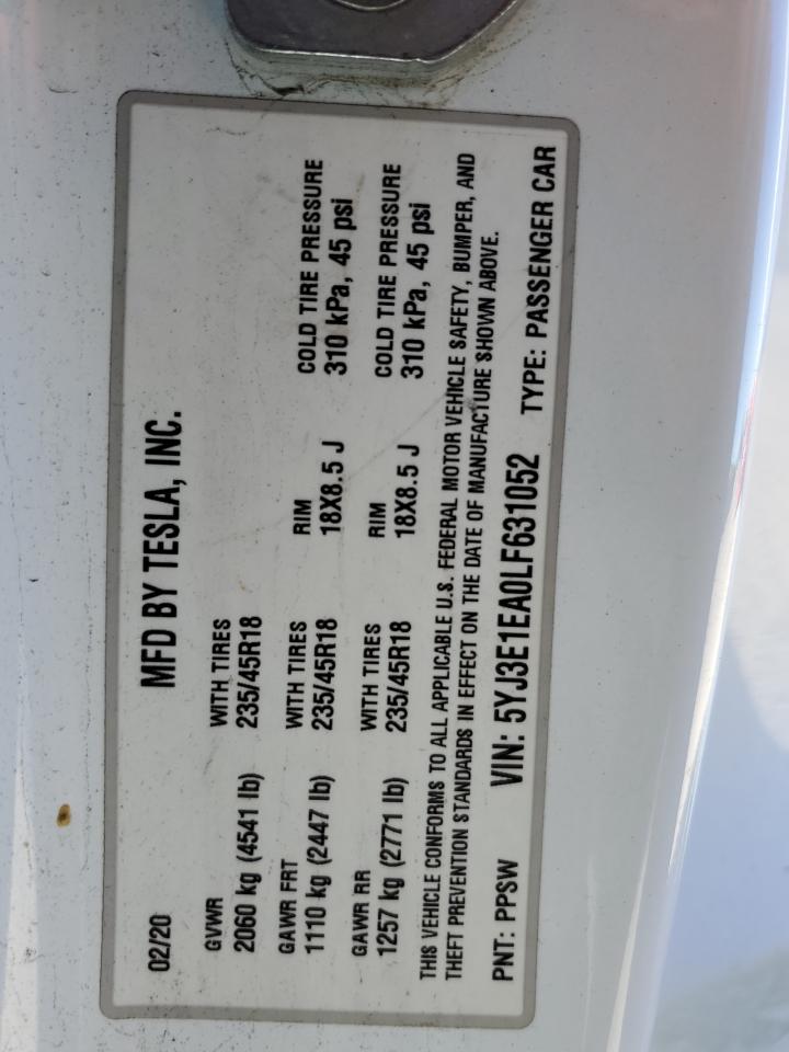 2020 Tesla Model 3 VIN: 5YJ3E1EA0LF631052 Lot: 86877525