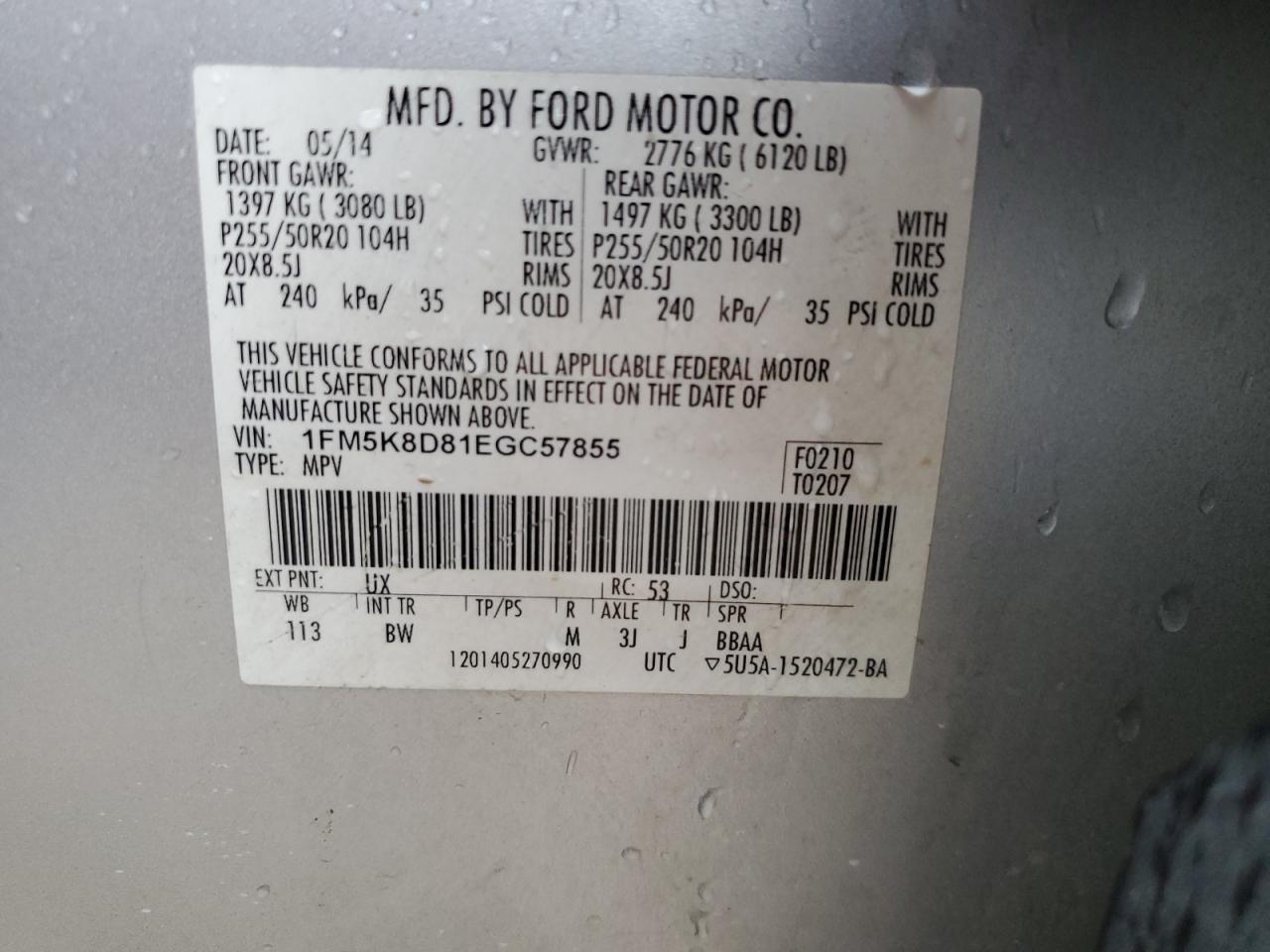 2014 Ford Explorer Xlt VIN: 1FM5K8D81EGC57855 Lot: 85334425