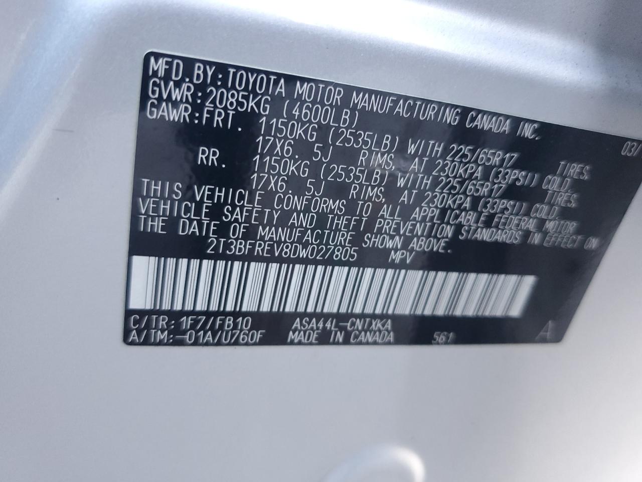 2013 Toyota Rav4 Le VIN: 2T3BFREV8DW027805 Lot: 85307705