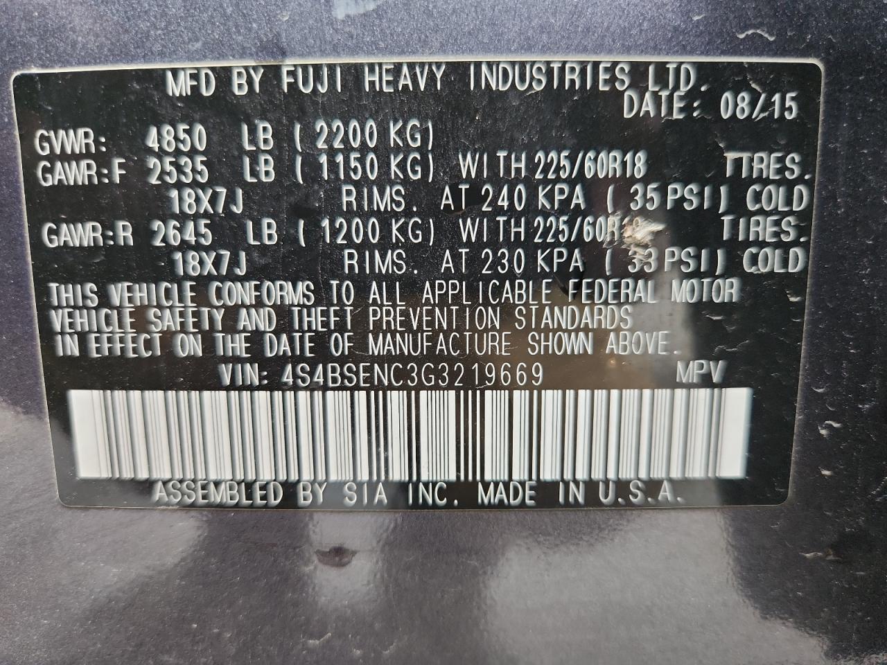 2016 Subaru Outback 3.6R Limited VIN: 4S4BSENC3G3219669 Lot: 86302025