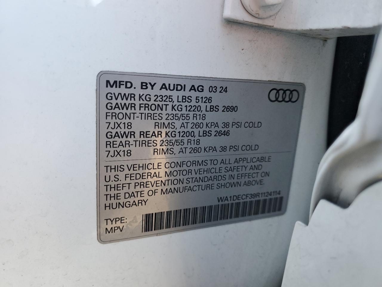 2024 Audi Q3 Premium S Line 45 VIN: WA1DECF39R1124114 Lot: 87047835