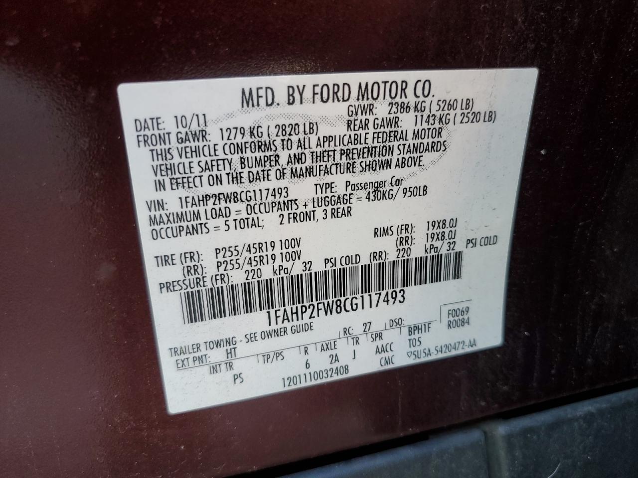 2012 Ford Taurus Limited VIN: 1FAHP2FW8CG117493 Lot: 84201435