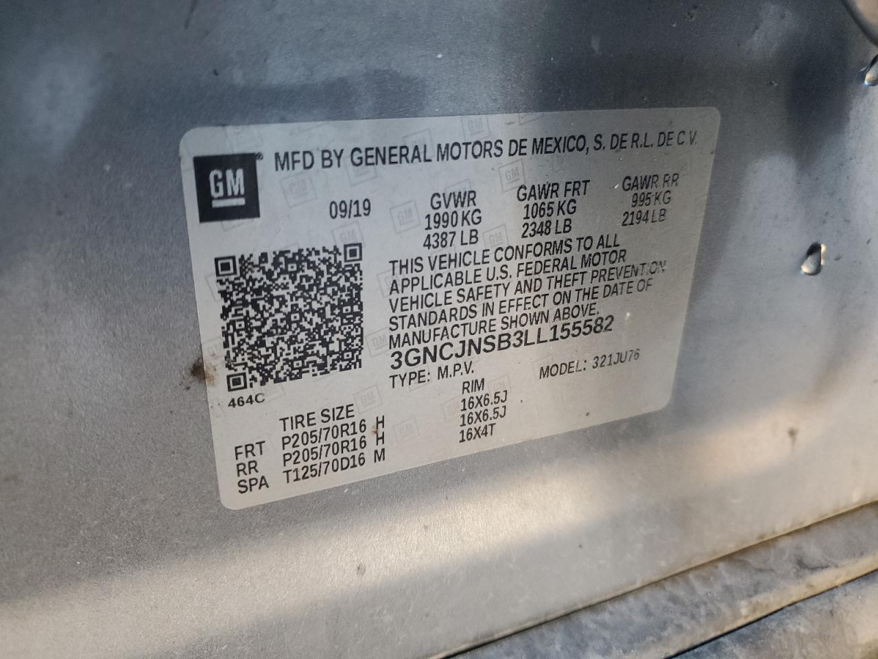 2020 Chevrolet Trax Ls VIN: 3GNCJNSB3LL155582 Lot: 87283335