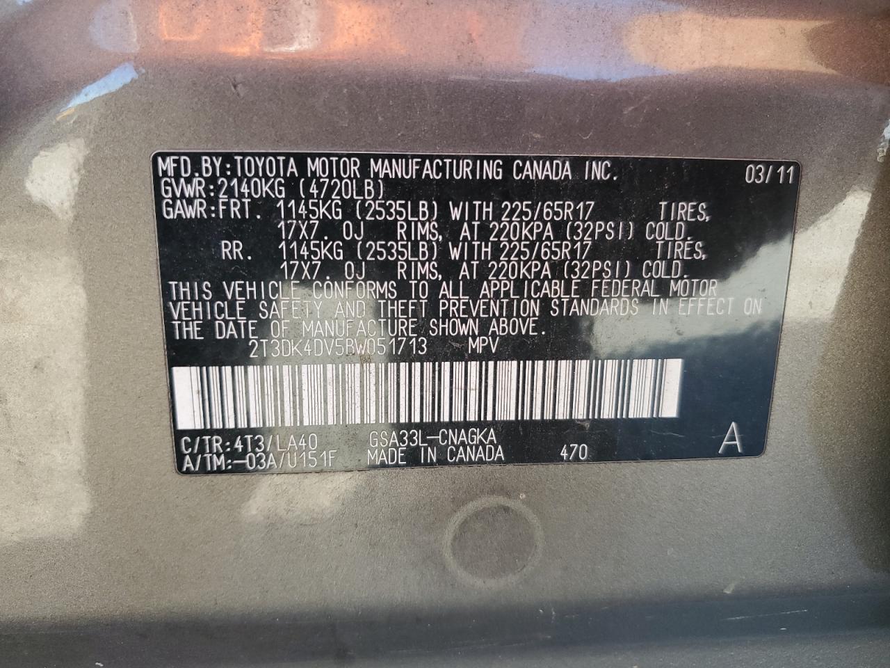 2011 Toyota Rav4 Limited VIN: 2T3DK4DV5BW051713 Lot: 82344385