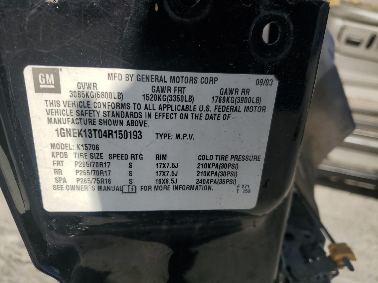 2004 Chevrolet Tahoe K1500 VIN: 1GNEK13T04R150193 Lot: 87165535