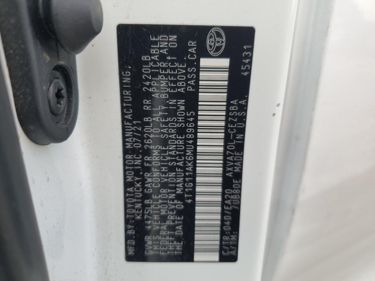 2021 Toyota Camry Se VIN: 4T1G11AK6MU489645 Lot: 85391475