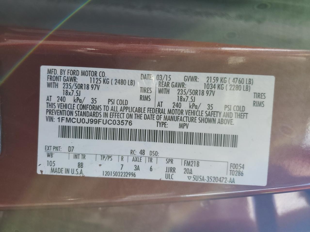 2015 Ford Escape Titanium VIN: 1FMCU0J99FUC03576 Lot: 89930245