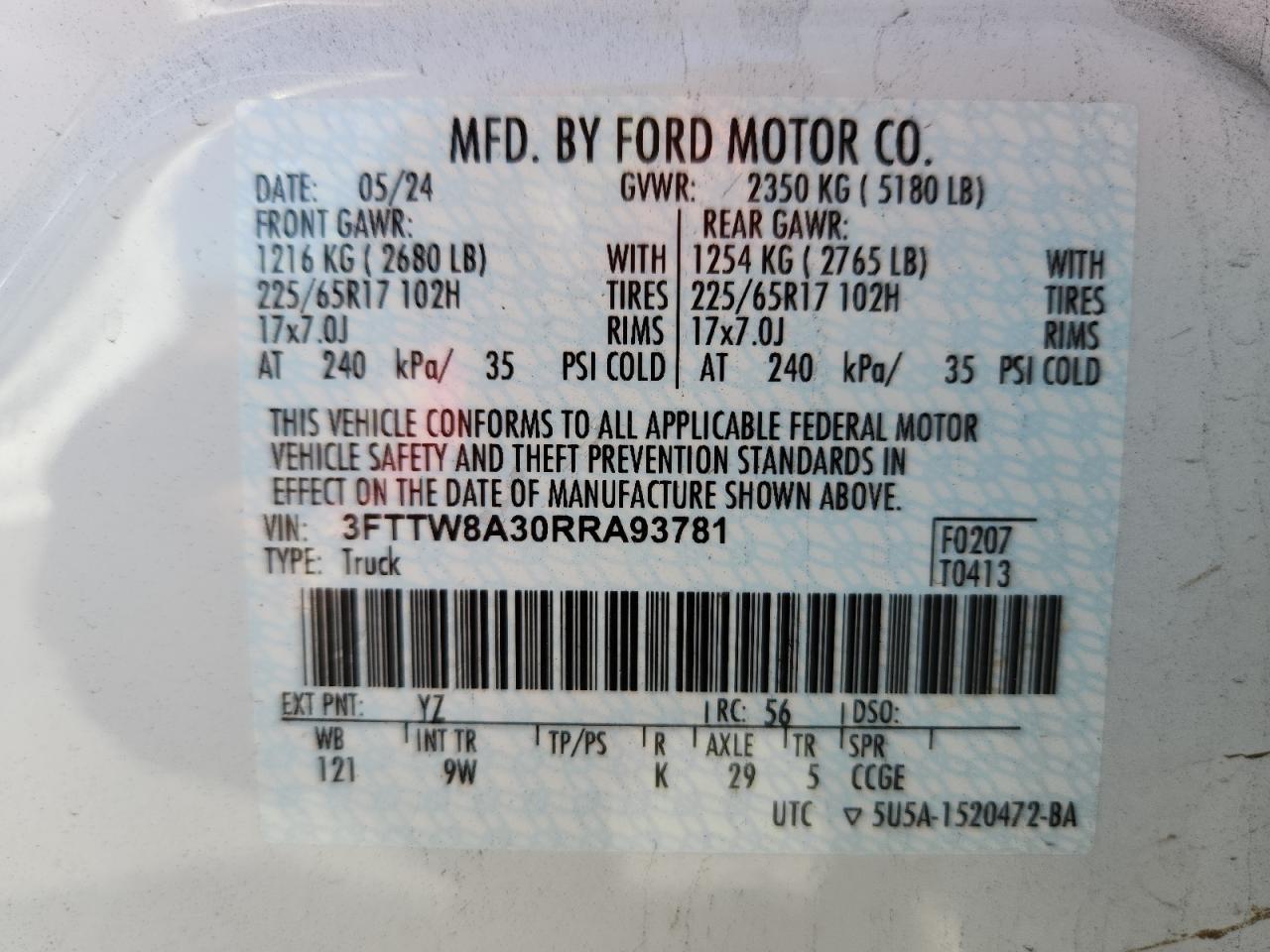 2024 Ford Maverick Xl VIN: 3FTTW8A30RRA93781 Lot: 85092515