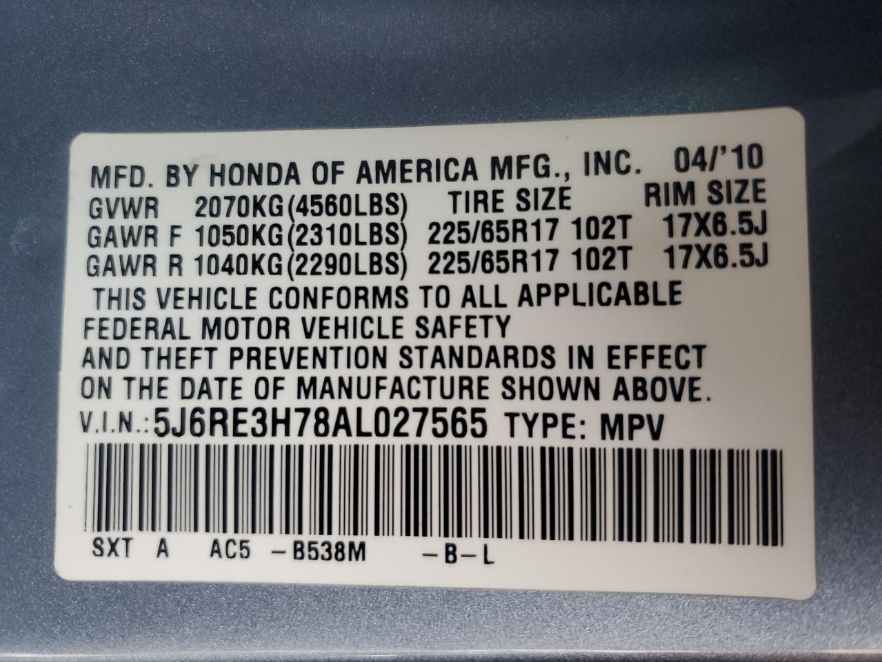 2010 Honda Cr-V Exl VIN: 5J6RE3H78AL027565 Lot: 86489765