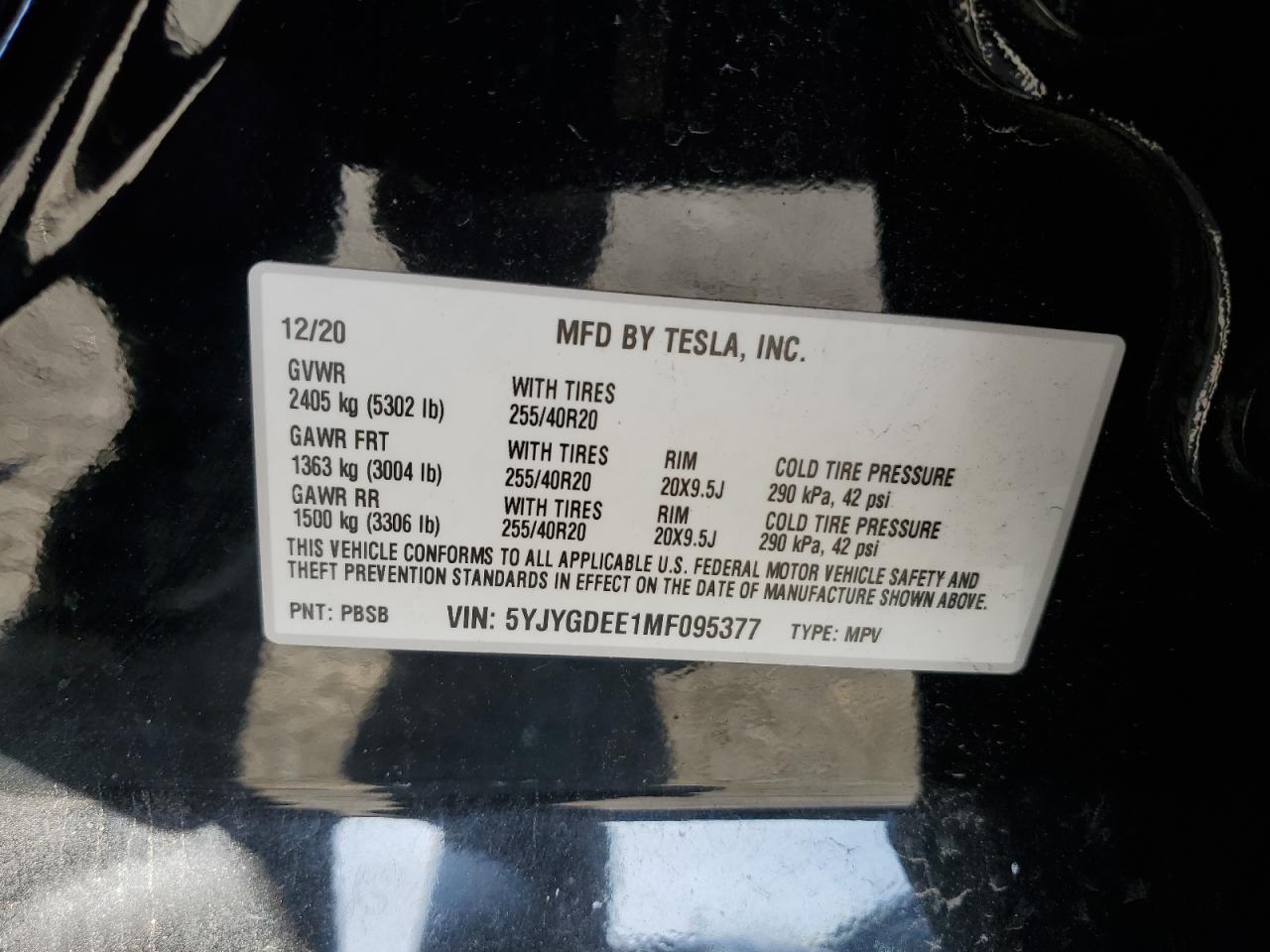 2021 Tesla Model Y VIN: 5YJYGDEE1MF095377 Lot: 84879765