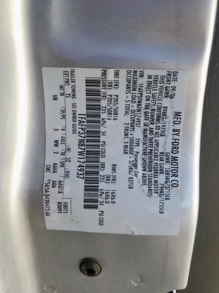 2007 Ford Focus Zx5 VIN: 1FAFP37N87W174937 Lot: 84542035