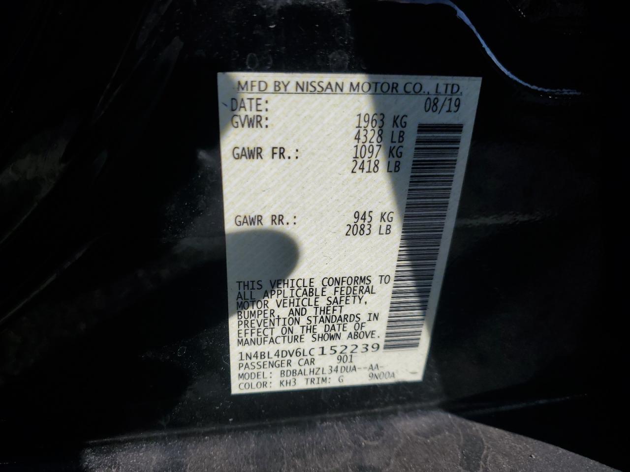 2020 Nissan Altima Sv VIN: 1N4BL4DV6LC152239 Lot: 82362355