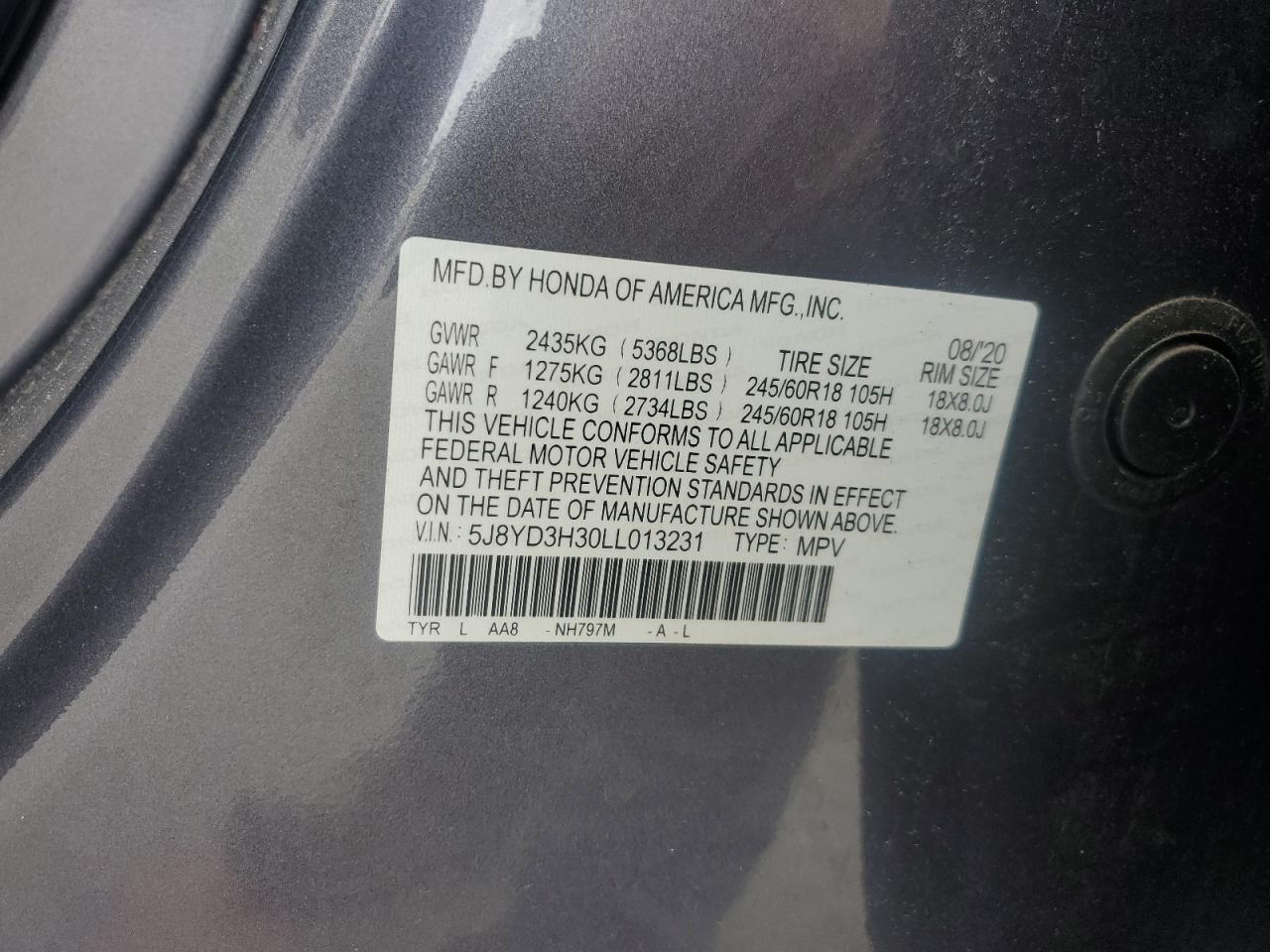 2020 Acura Mdx VIN: 5J8YD3H30LL013231 Lot: 85842705