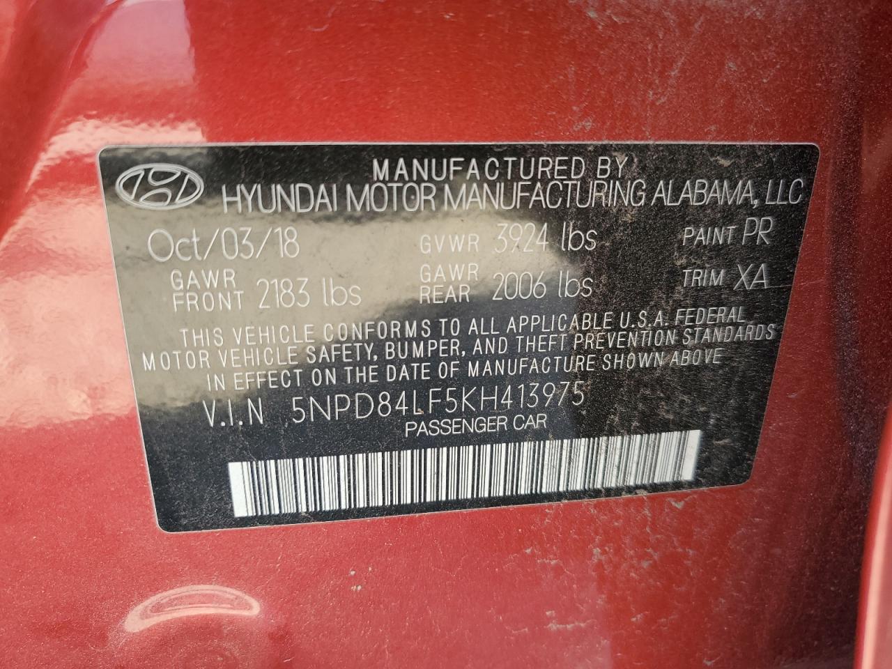 2019 Hyundai Elantra Sel VIN: 5NPD84LF5KH413975 Lot: 87363945