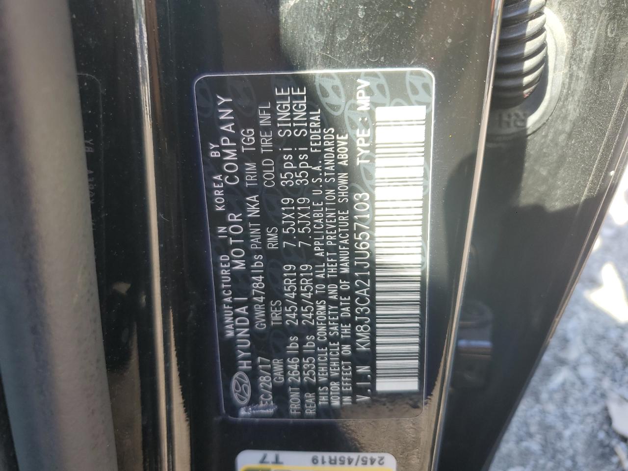 2018 Hyundai Tucson Value VIN: KM8J3CA21JU657103 Lot: 85363745