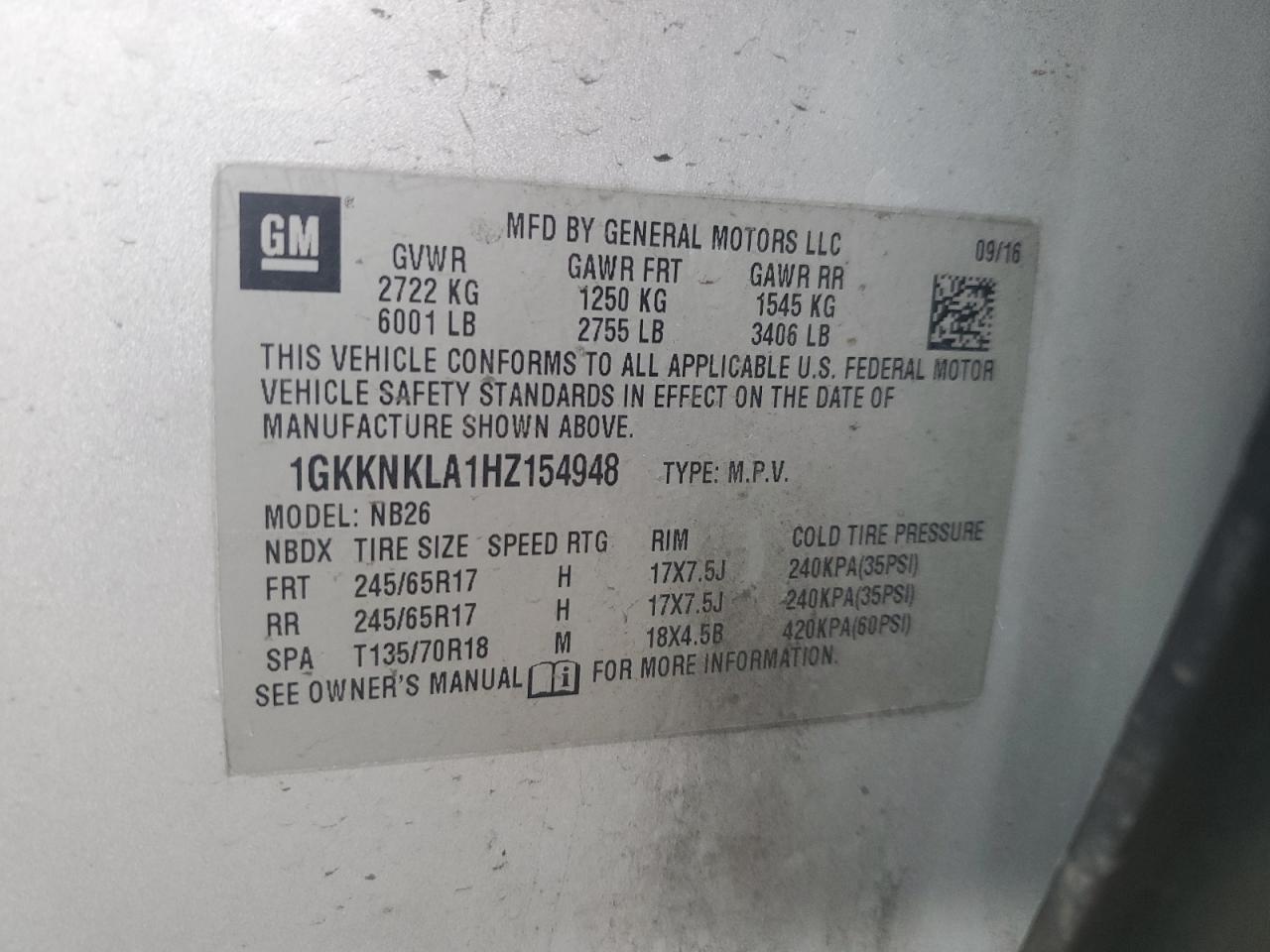 2017 GMC Acadia Sle VIN: 1GKKNKLA1HZ154948 Lot: 86856255