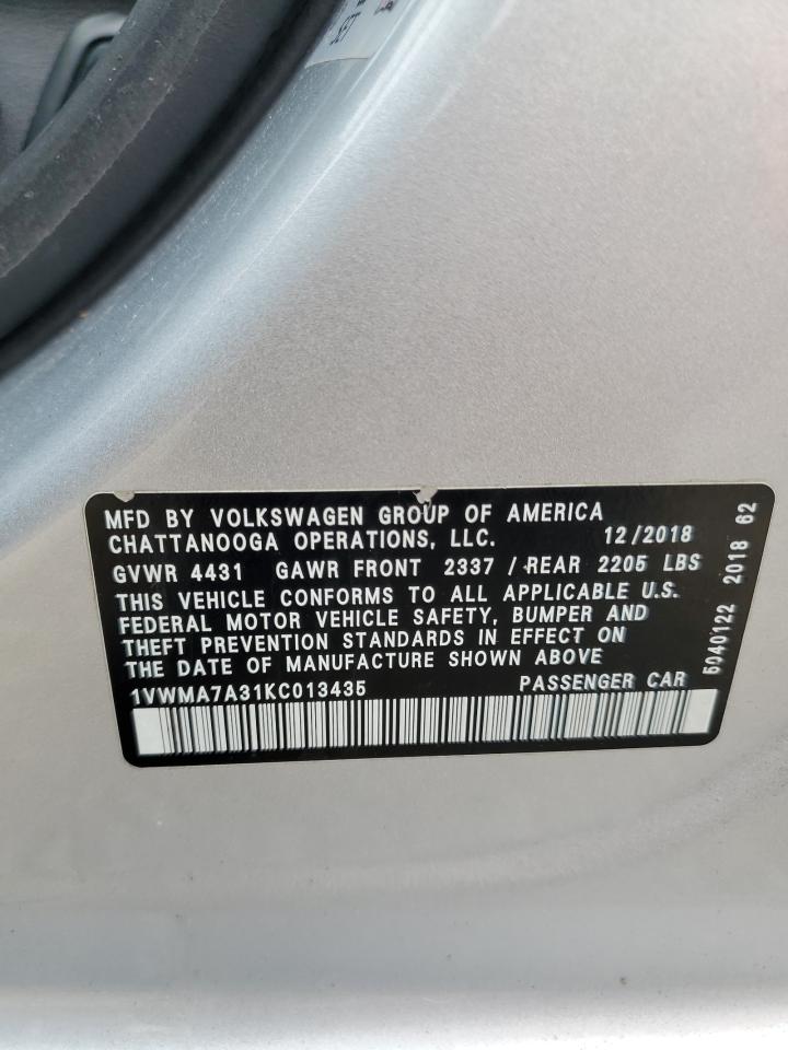 2019 Volkswagen Passat Se R-Line VIN: 1VWMA7A31KC013435 Lot: 86875365