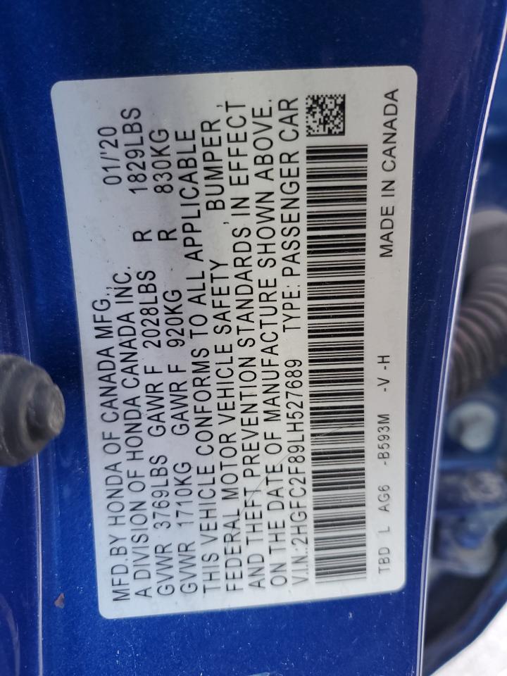 2020 Honda Civic Sport VIN: 2HGFC2F89LH527689 Lot: 85528335