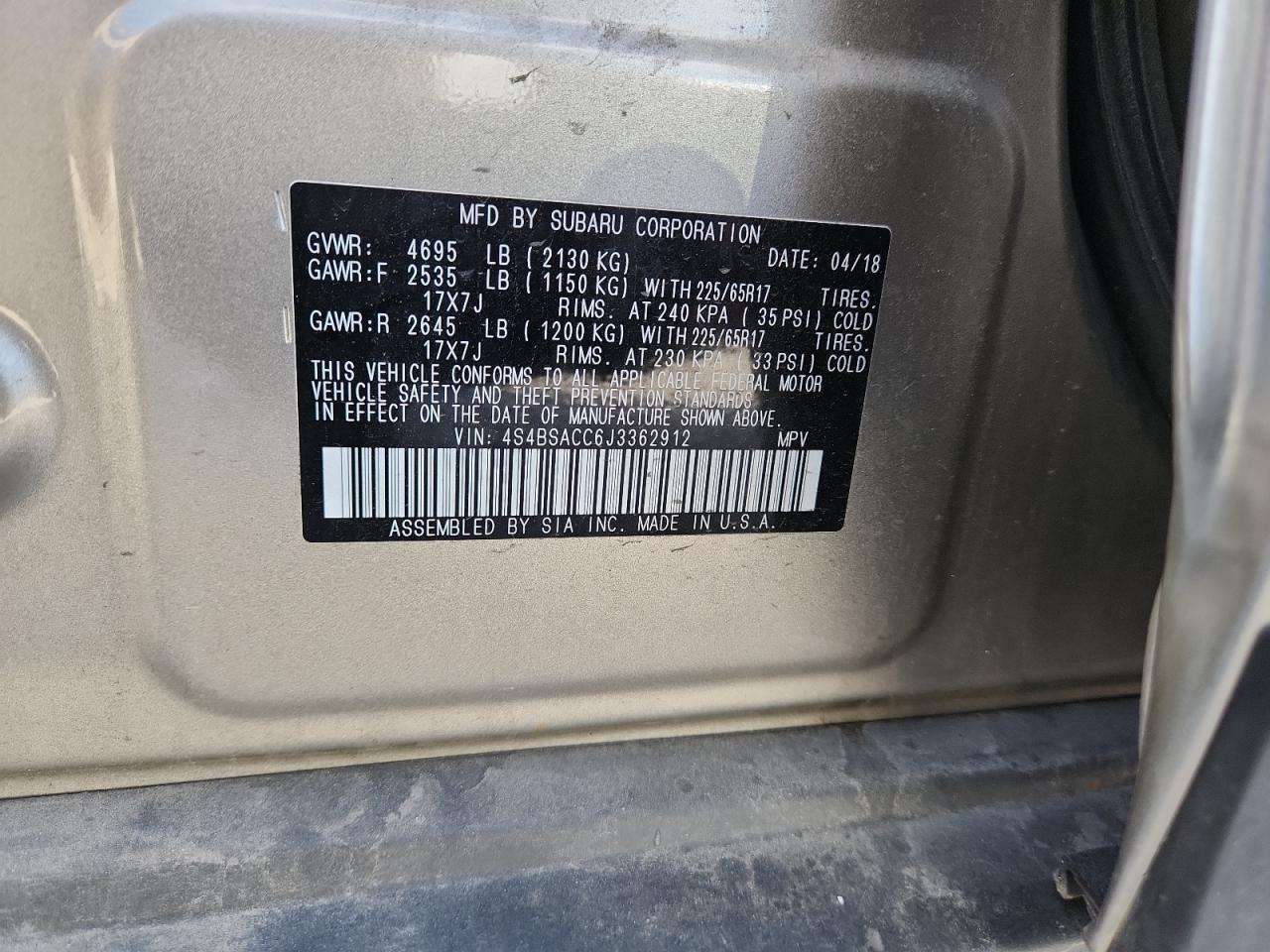2018 Subaru Outback 2.5I Premium VIN: 4S4BSACC6J3362912 Lot: 84291185