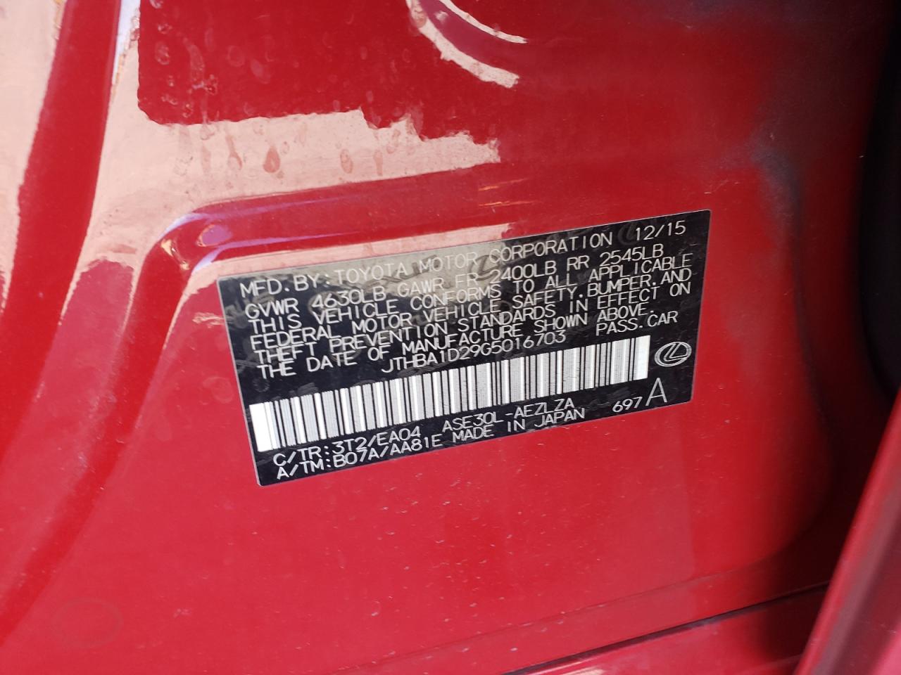 2016 Lexus Is 200T VIN: JTHBA1D29G5016703 Lot: 87388225