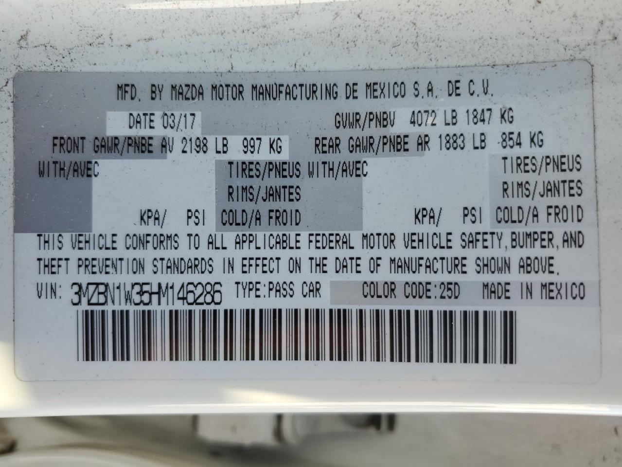 2017 Mazda 3 Grand Touring VIN: 3MZBN1W35HM146286 Lot: 90408025