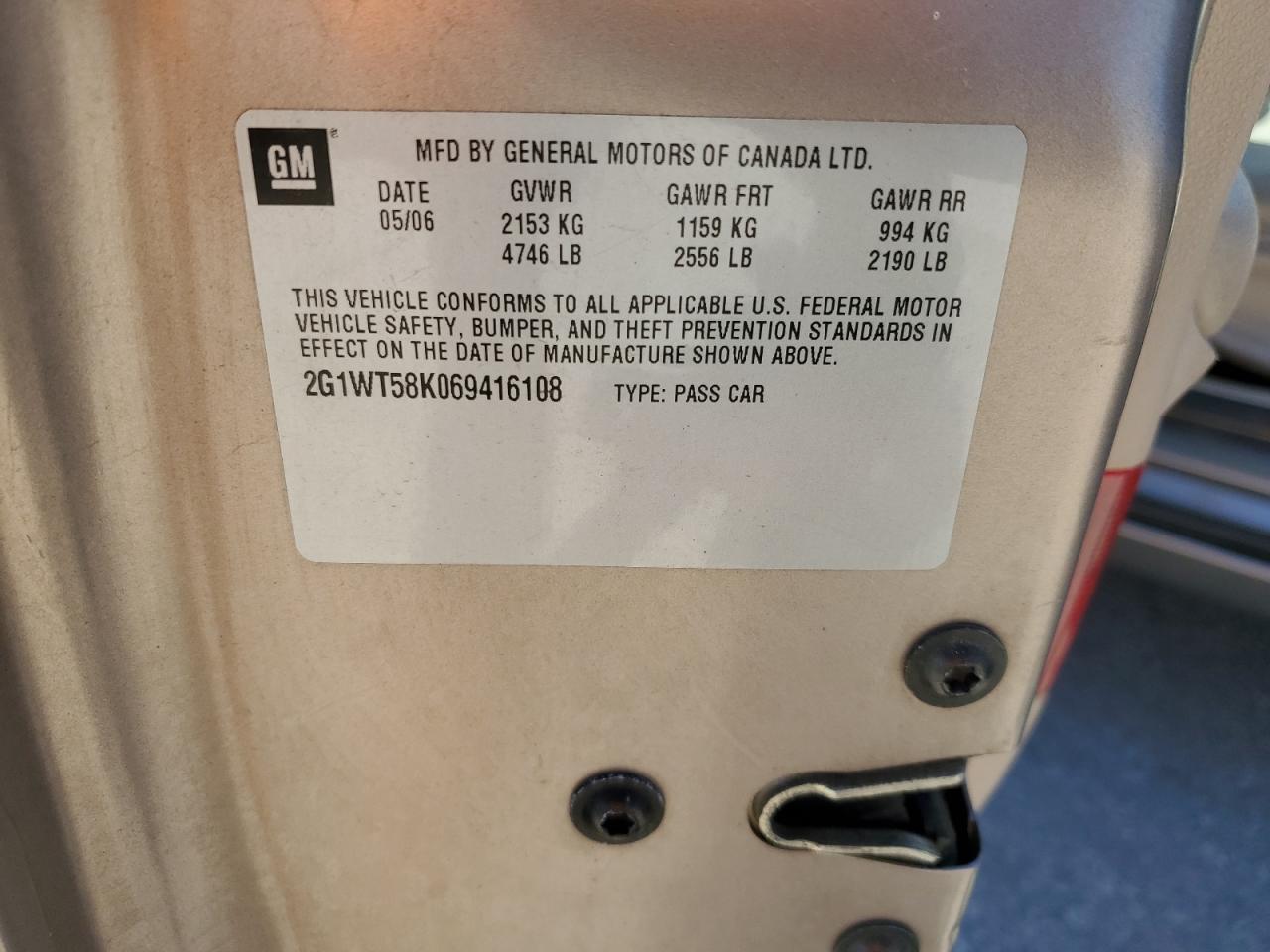 2006 Chevrolet Impala Lt VIN: 2G1WT58K069416108 Lot: 85669965