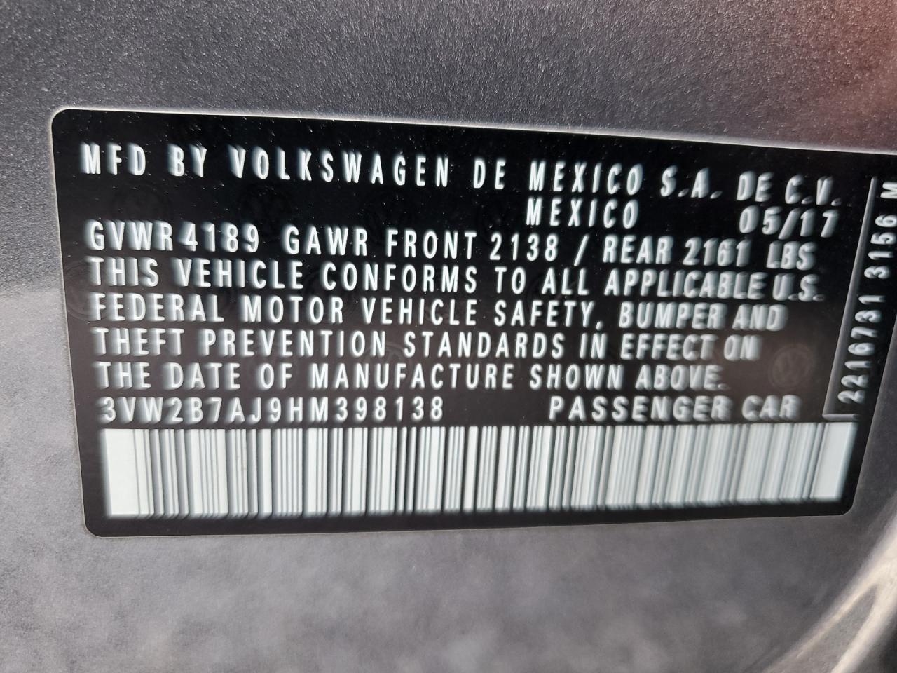 2017 Volkswagen Jetta S VIN: 3VW2B7AJ9HM398138 Lot: 82250925