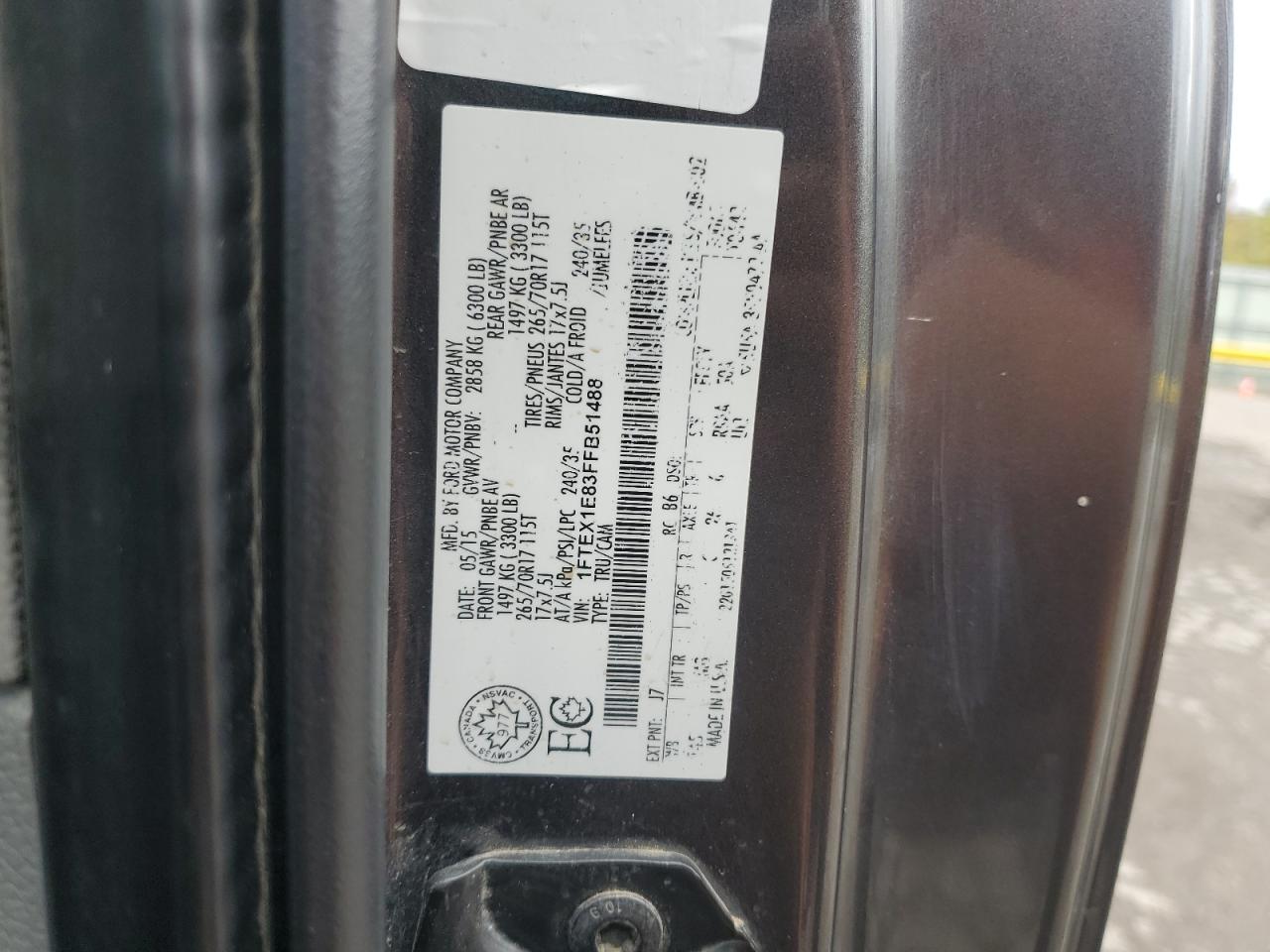 2015 Ford F150 Super Cab VIN: 1FTEX1E83FFB51488 Lot: 85576135