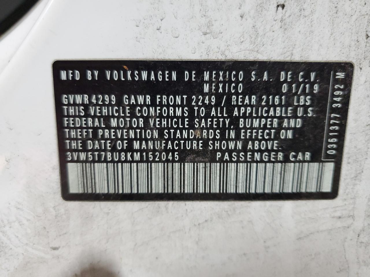 2019 Volkswagen Jetta Gli VIN: 3VW5T7BU8KM152045 Lot: 85502625