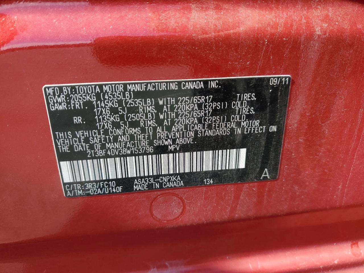 2011 Toyota Rav4 VIN: 2T3BF4DV3BW153796 Lot: 84423155