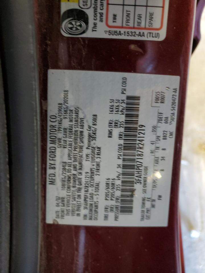 2007 Ford Fusion Se VIN: 3FAHP07187R241219 Lot: 86085555