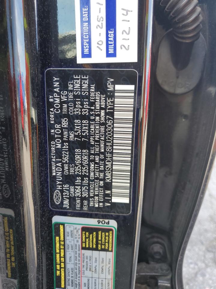 2017 Hyundai Santa Fe Se VIN: KM8SMDHF8HU203067 Lot: 84421765