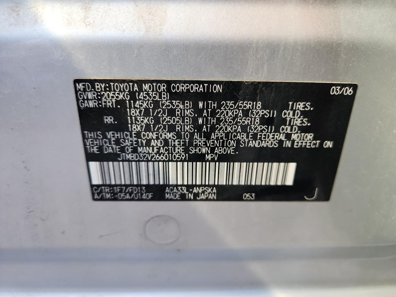 2006 Toyota Rav4 Sport VIN: JTMBD32V266010591 Lot: 86187415